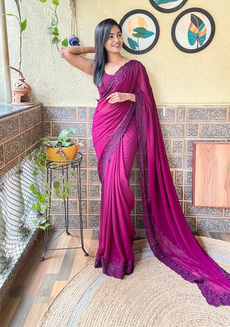 Wine Embroidered Woven Saree Set