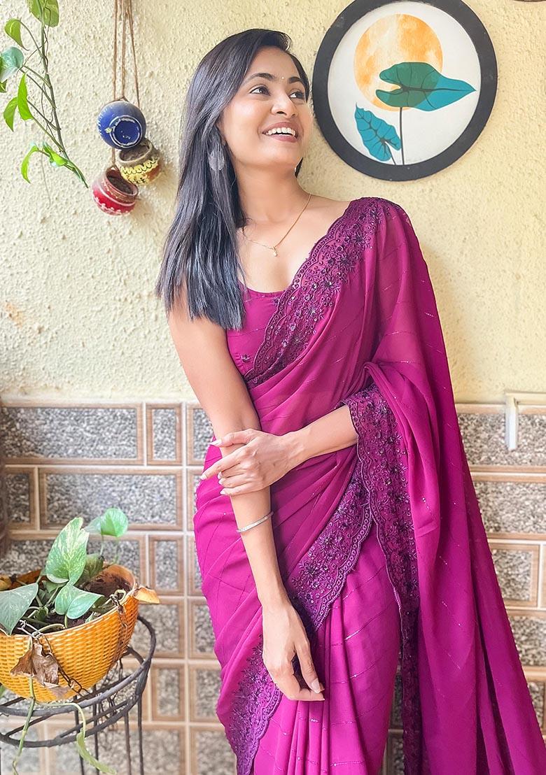 Wine Embroidered Woven Saree Set