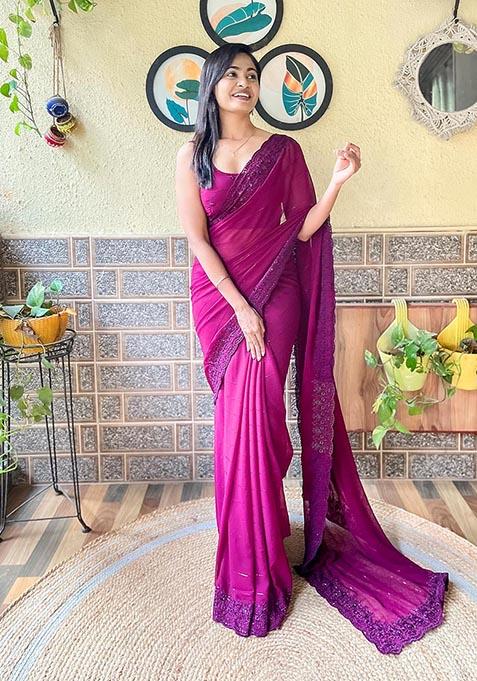 Wine Embroidered Woven Saree Set