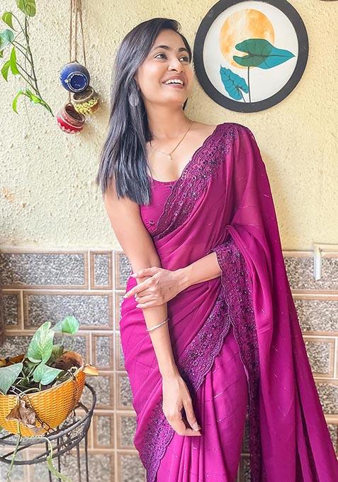 Wine Embroidered Woven Saree Set
