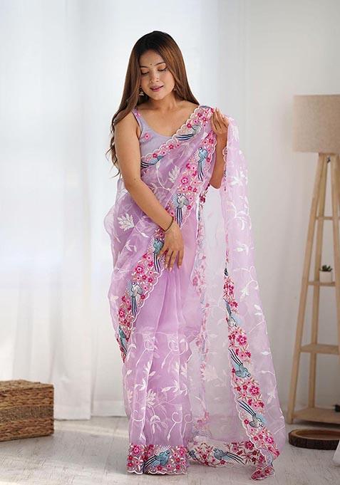 Lavender Embroidered Woven Saree Set