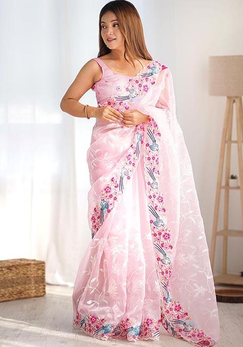 Pink Embroidered Woven Saree Set