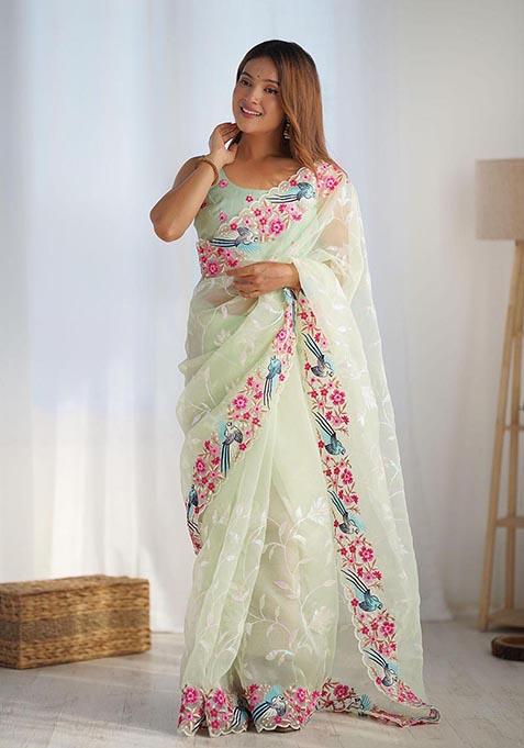 Green Embroidered Woven Saree Set