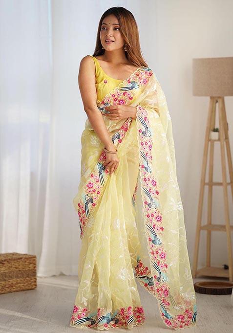 Yellow Embroidered Woven Saree Set