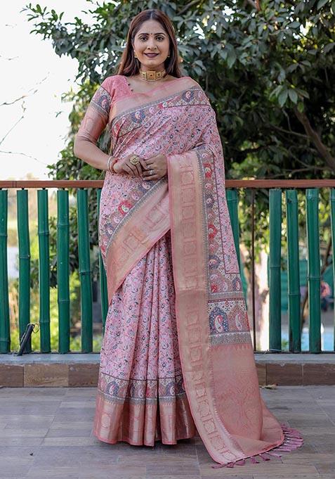 Pink Printed Woven Saree Set