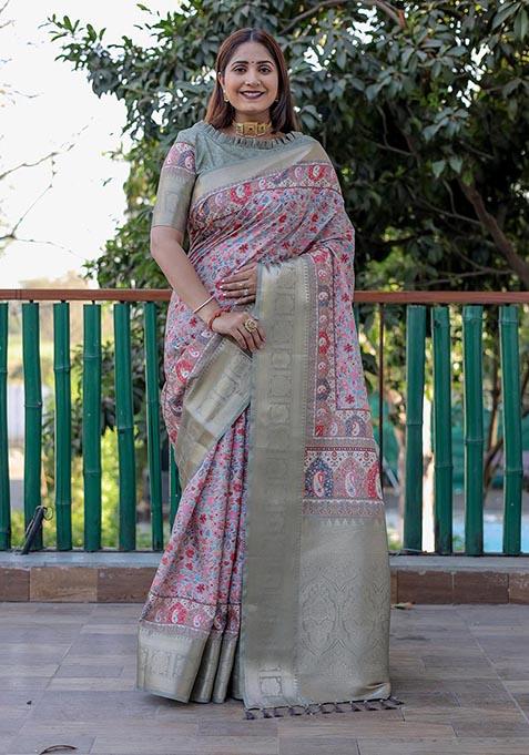 Green Printed Woven Saree Set