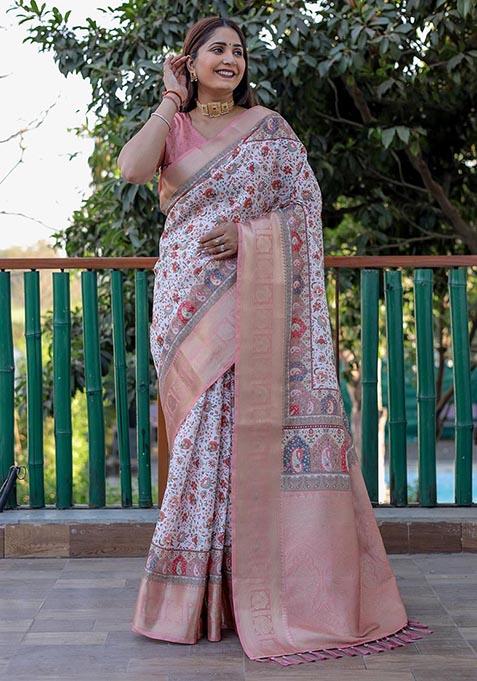 Peach Printed Woven Saree Set