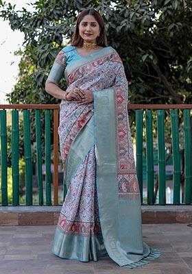 Sea Green Printed Woven Saree Set