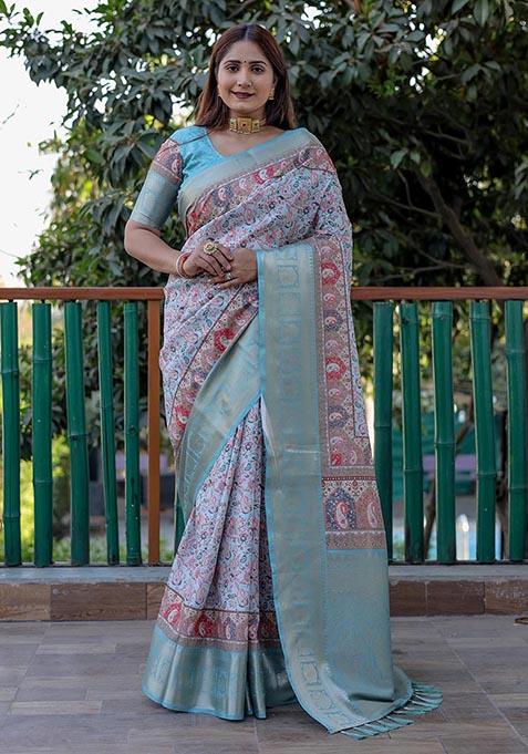 Sea Green Printed Woven Saree Set