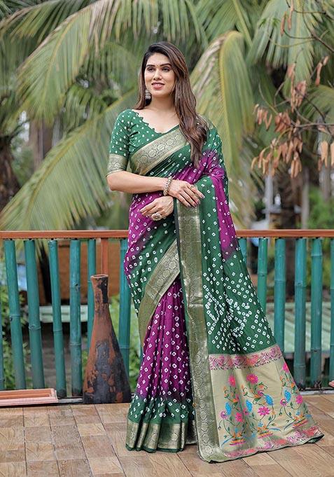 Green Printed Woven Saree Set