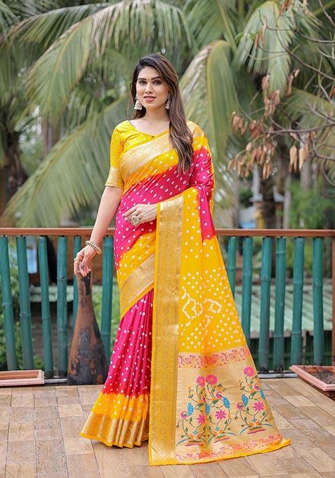 Yellow Printed Woven Saree Set