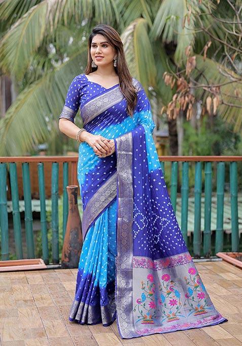 Blue Printed Woven Saree Set