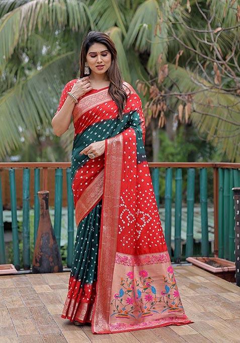 Red Printed Woven Saree Set