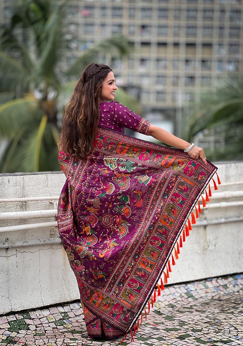 Purple Meenakari Work Woven Saree Set