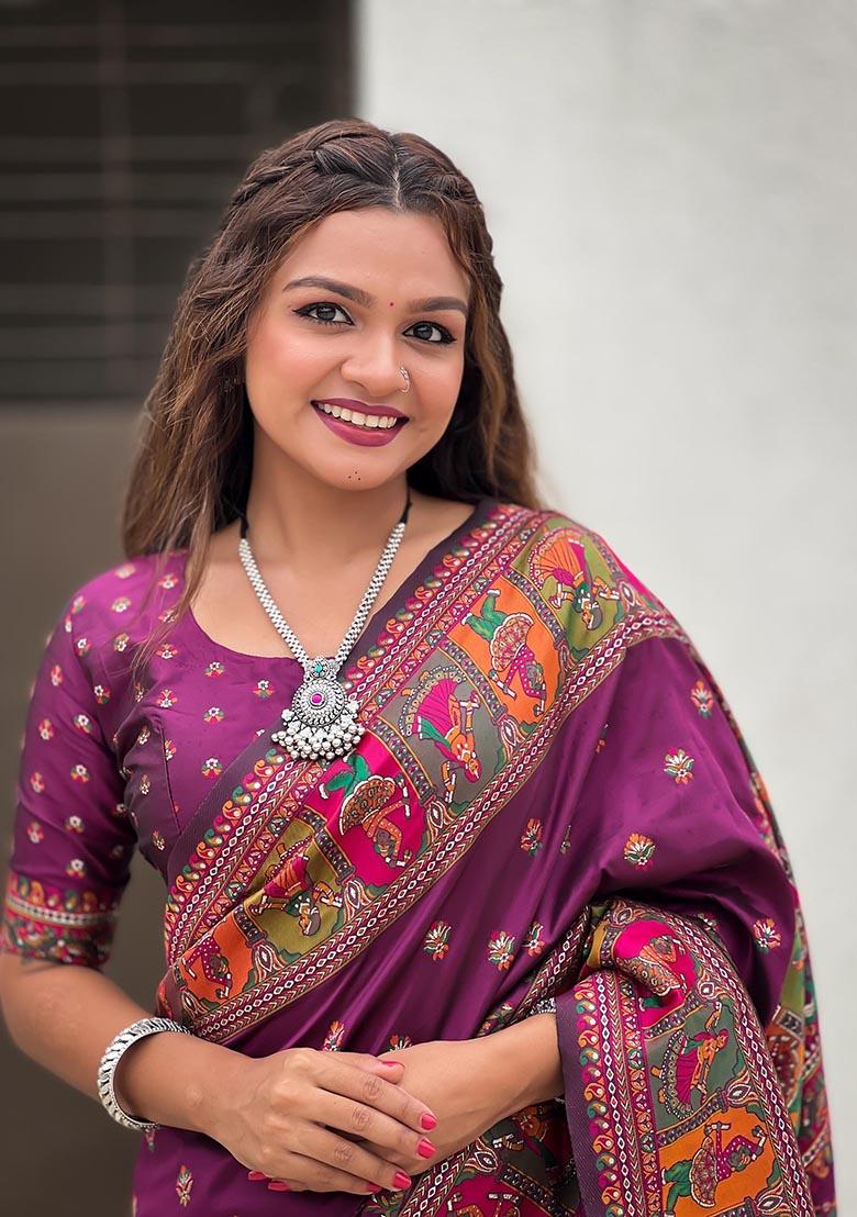 Purple Meenakari Work Woven Saree Set