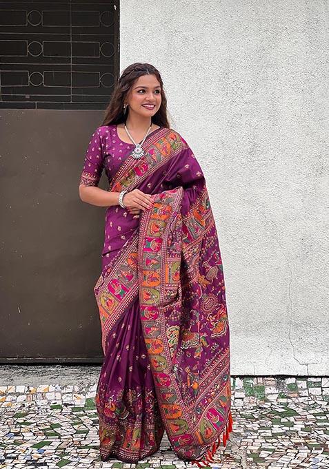 Purple Meenakari Work Woven Saree Set