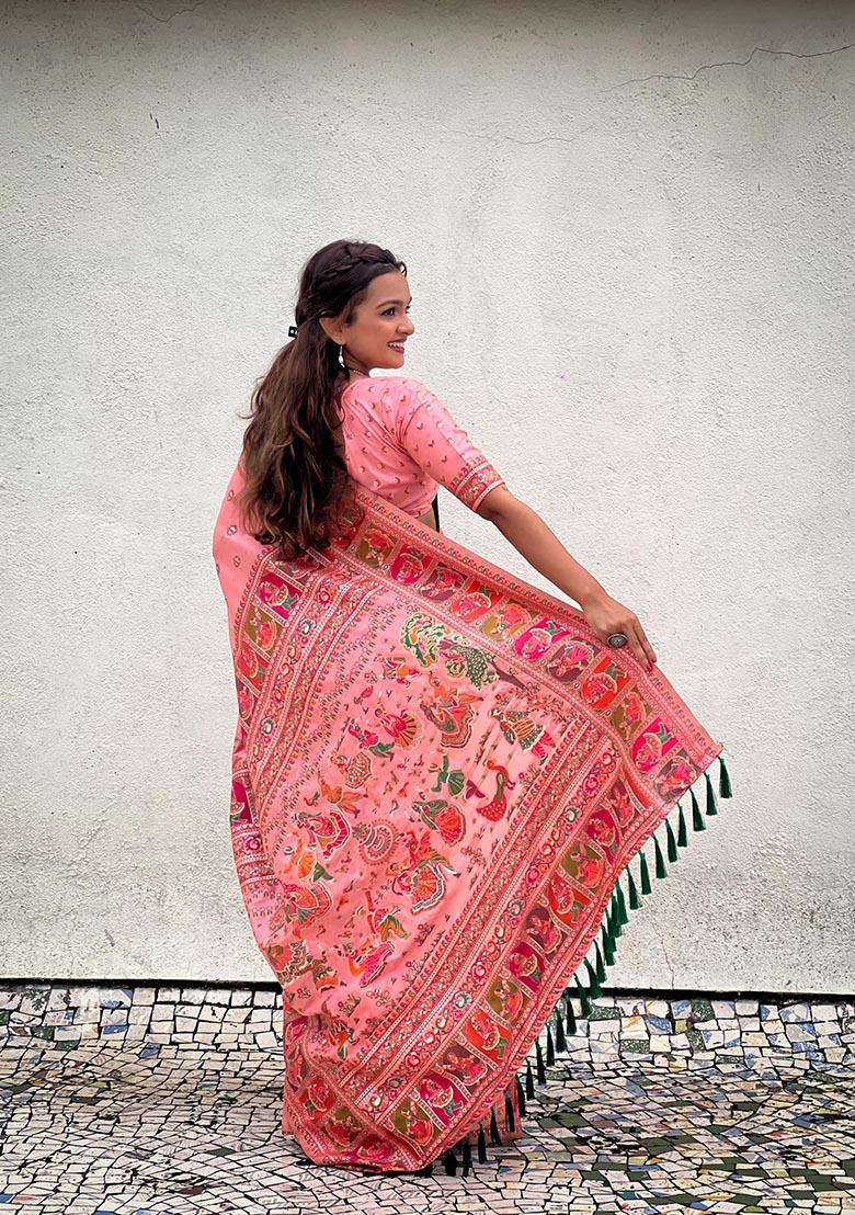 Peach Meenakari Work Woven Saree Set