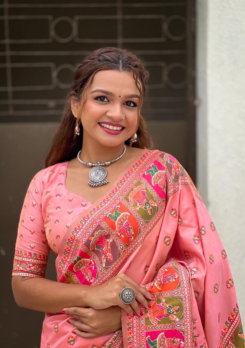 Peach Meenakari Work Woven Saree Set