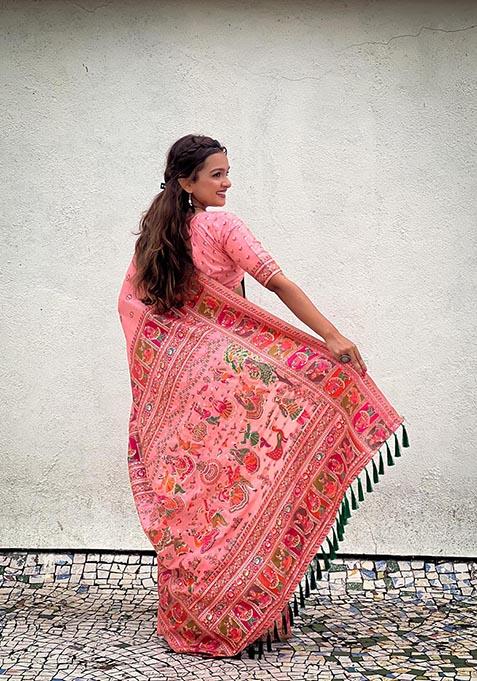 Peach Meenakari Work Woven Saree Set