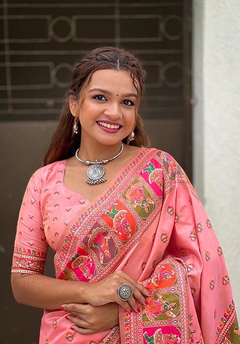 Peach Meenakari Work Woven Saree Set