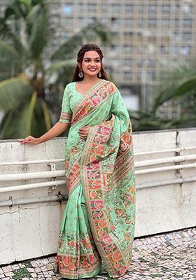 Sea Green Meenakari Work Woven Saree Set