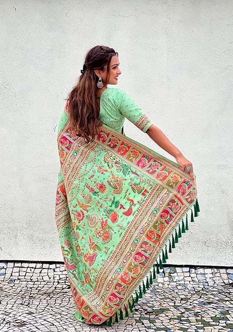 Sea Green Meenakari Work Woven Saree Set