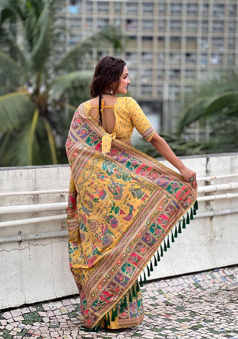 Yellow Meenakari Work Woven Saree Set