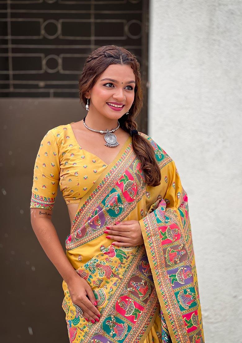 Yellow Meenakari Work Woven Saree Set