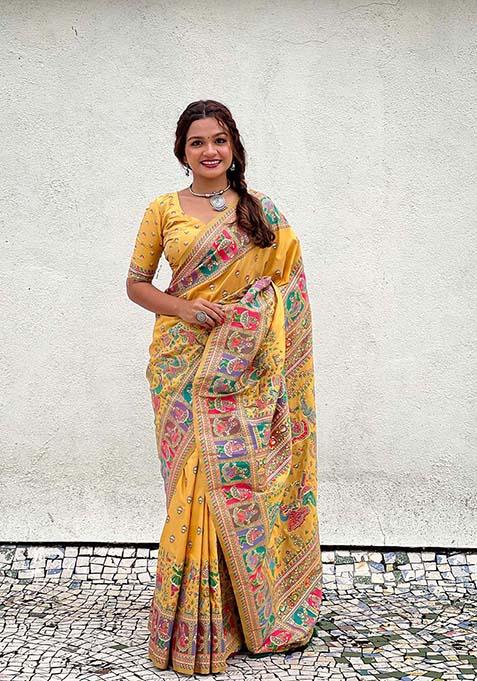 Yellow Meenakari Work Woven Saree Set