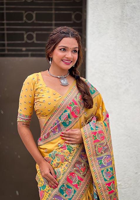 Yellow Meenakari Work Woven Saree Set