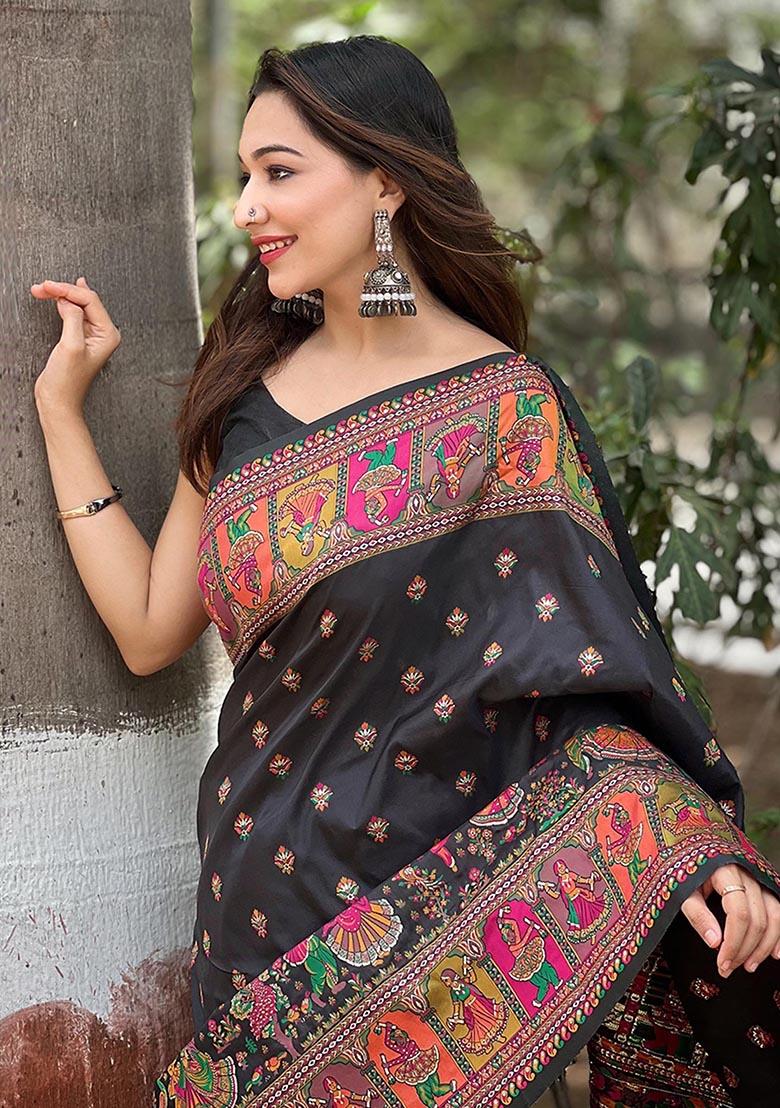Black Meenakari Work Woven Saree Set