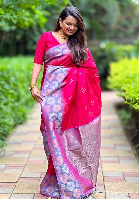 Pink Zari Work Woven Saree Set