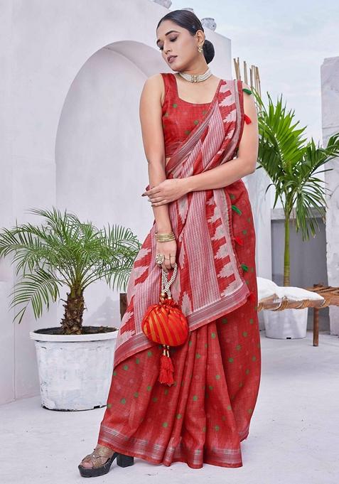 Red Printed Woven Saree Set