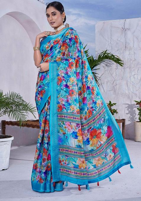 Blue Printed Woven Saree Set