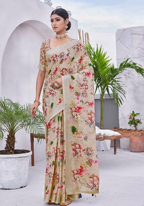 Beige Printed Woven Saree Set