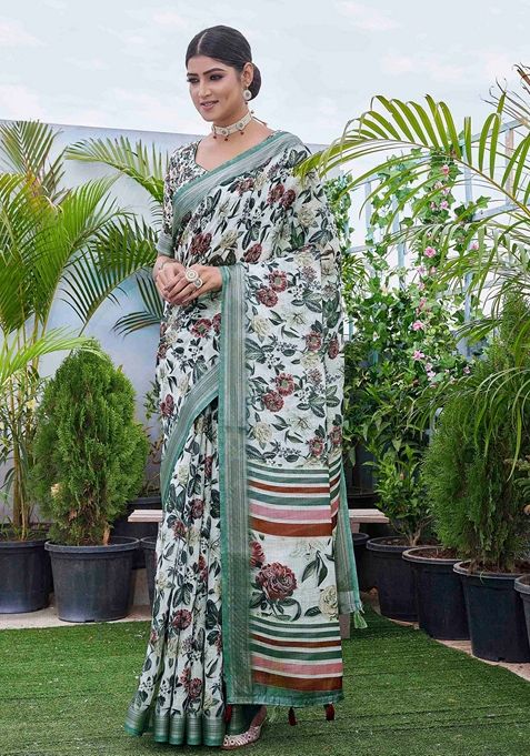 Green Printed Woven Saree Set