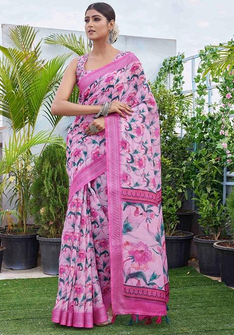 Pink Printed Woven Saree Set