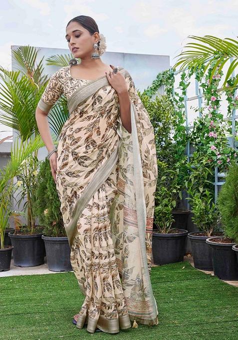 Cream Printed Woven Saree Set