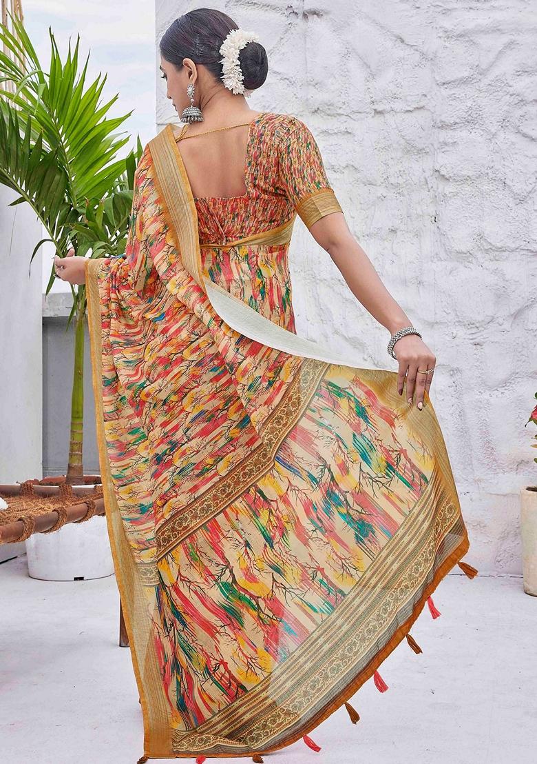 Mustard Printed Woven Saree Set
