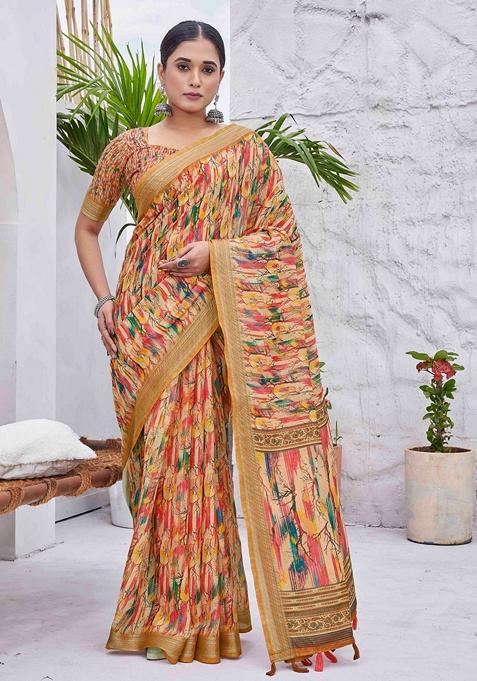 Mustard Printed Woven Saree Set