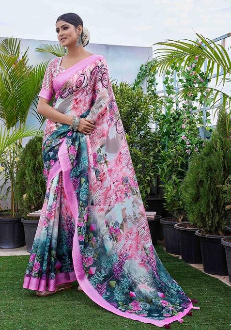 Pink Printed Woven Saree Set