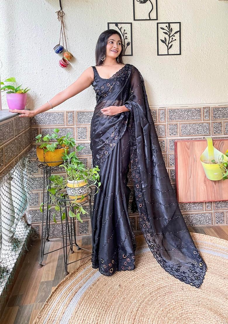 Black Sequin Embroidered Woven Saree Set
