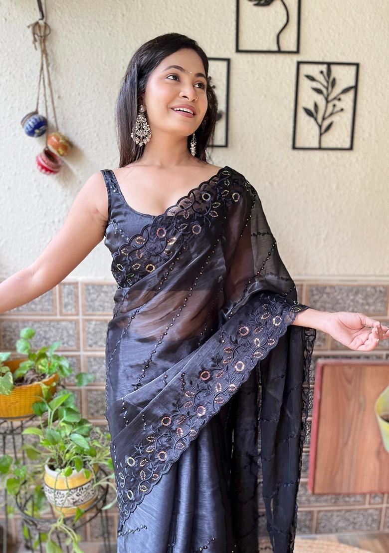 Black Sequin Embroidered Woven Saree Set