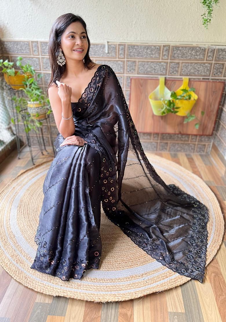 Black Sequin Embroidered Woven Saree Set