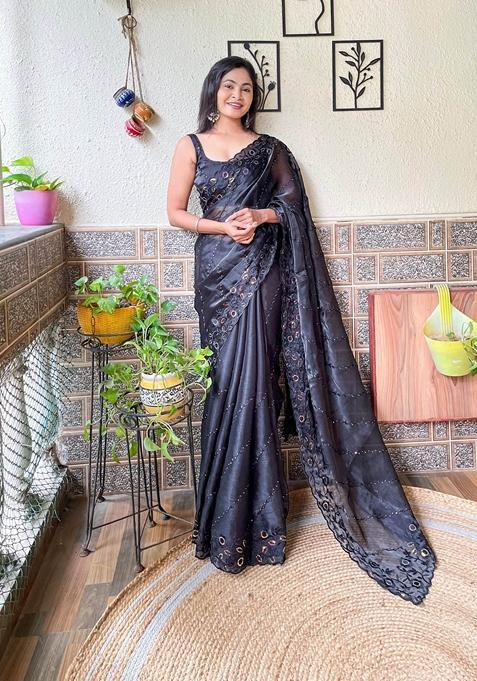 Black Sequin Embroidered Woven Saree Set