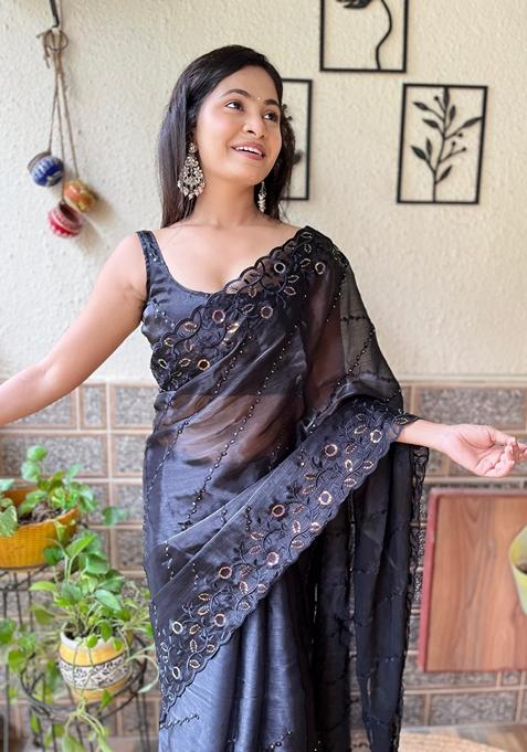 Black Sequin Embroidered Woven Saree Set