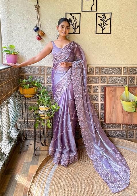 Lavender Sequin Embroidered Woven Saree Set