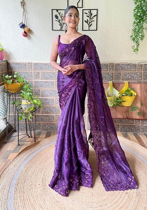 Purple Sequin Embroidered Woven Saree Set