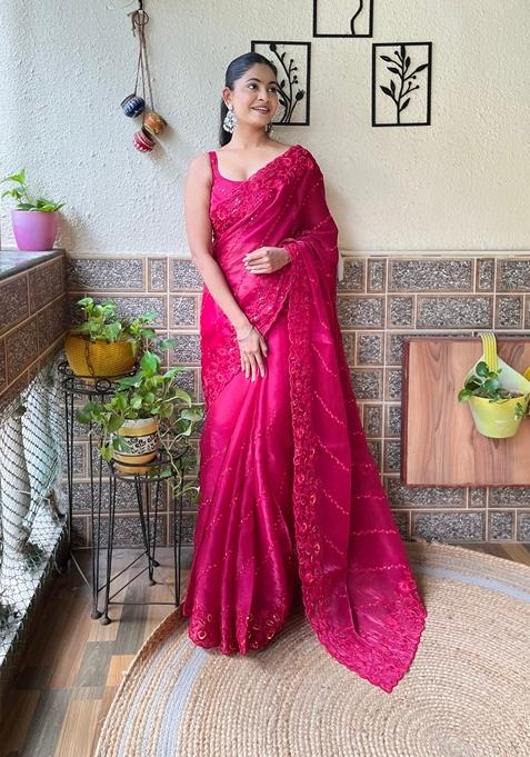 Pink Sequin Embroidered Woven Saree Set