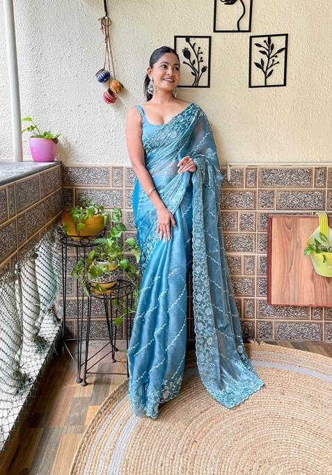 Sky Blue Sequin Embroidered Woven Saree Set